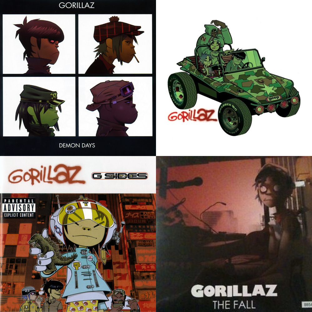 Включи gorillaz. Gorillaz the Fall обложка. Gorillaz 1990. Группа Gorillaz альбомы. Гориллаз диски.